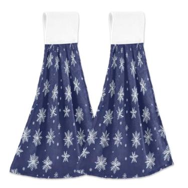 Imagem de Blueangle 2 peças de toalhas de gravata penduradas de flocos de neve de Natal toalha de mão de cozinha absorvente de veludo coral macio pano de pano para cozinha e banheiro (379)