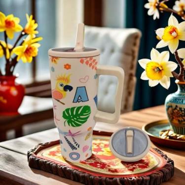 Imagem de Copo Térmico Birds 1200ml | Com 5 Estampas, Canudo e Alça – Garrafa Térmica para Academia e(BEGE FLUTA,49)