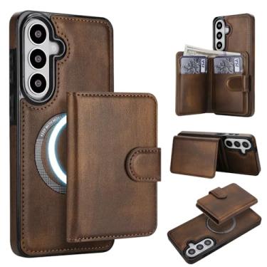 Imagem de Capa para Samsung Galaxy S26 destacável compatível com Magsafe sem fio com suporte para cartão, compartimento para dinheiro, suporte 2 em 1 à prova de choque (marrom)