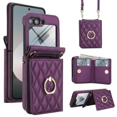 Imagem de Capa carteira para Samsung Galaxy Z Flip6, porta-cartões com suporte de anel de 360° e protetor de tela, capa protetora de couro PU TPU com fecho magnético para mulheres e homens (roxo escuro)