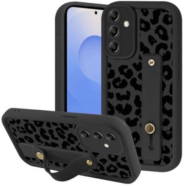 Imagem de Zrutru Capa de telefone estética preta com estampa de leopardo para Samsung Galaxy S25+ 5G com alça de pulso macia ajustável de silicone à prova de choque para Samsung S25+ de 6,7 polegadas