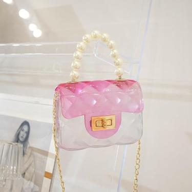 Imagem de Bolsa tiracolo transparente com detalhes em pérolas, bolsa feminina de cor doce, Vermelho rosa, Medium, Mochila casual
