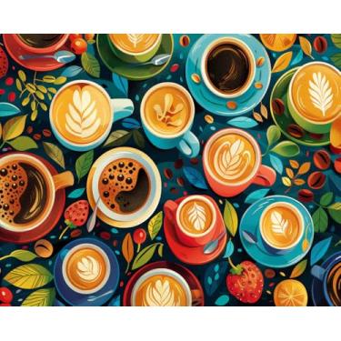 Imagem de TUMOVO Kit de pintura por números para adultos, kits de pintura por números - arte vibrante de café com várias xícaras de café e grãos, design em tela, decoração de parede para casa para iniciantes e