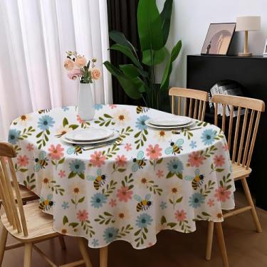 Imagem de Amonsa Toalha de mesa oval floral rosa primavera ao ar livre, 152 x 259 cm, folhas verdes, toalha de mesa de jantar, para 8 a 10 lugares, tecido de poliéster lavável, flor azul claro, abelhas, capa de