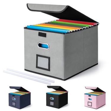 Imagem de CADONO Caixa organizadora de arquivos com tampa, organizador grande de pastas de arquivos com corrediça de plástico, caixas de armazenamento portáteis dobráveis para escritório/decoração/casa (cinza