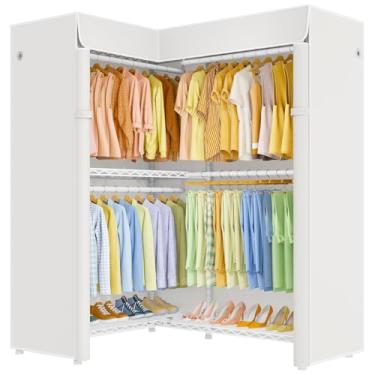 Imagem de ULIFHOME E15C Suporte de roupas em forma de L para canto, suporte independente para pendurar roupas, organizador de armário resistente 109 cm L x 48 cm P x 192 cm A, suporte branco com capa branca à