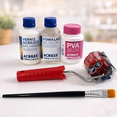 Imagem de KIT ARTESANATO - Tinta PVA + GOMA LACA + VERNIZ ACRILICO BRILHANTE + ROLINHO + PINCEL
