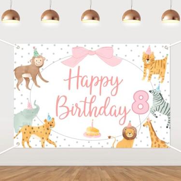 Imagem de Cenário de aniversário de animais de safári rosa para meninas, tema de arco de animais de zoológico da selva, decorações de festa de aniversário de 8 anos, faixa de fundo fotográfico para crianças