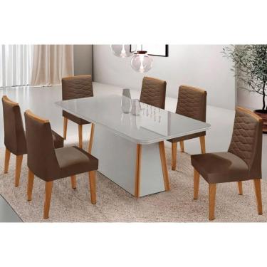 Imagem de Conjunto: Mesa Sala Jantar Tilia c/ Tampo Madeirado c/ Vidro Canto Curvo 180x90cm e 6 Cadeiras Maldivas Naturale/Off White - Suede Marrom - Rufato