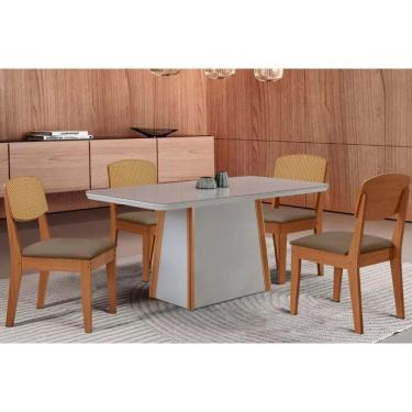 Imagem de Conjunto: Mesa Sala Jantar Tilia Curvo 120cm + 4 Cadeiras Havana Naturale/Off White - Suede Capuccino - Rufato