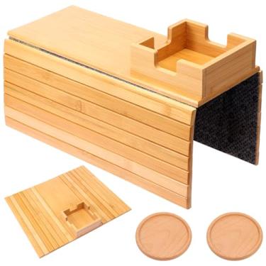 Imagem de Bandeja de braço de sofá com suporte de copo, bandejas de braço de sofá grandes 3 em 1, bandejas de sofá de bambu para sofá, bandeja de apoio de braço dobrável para comer, bebidas, telefones