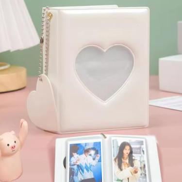 Imagem de 1 porta-cartões de foto de 7,8 cm coração amor oco álbum de fotos 32 bolsos pasta de cartão mini capa de armazenamento de fotos, 18,8 x 11 cm (branco)
