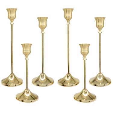 Imagem de Waziaqoc Pacote com 6 castiçais de metal cônico, suporte de vela de latão dourado para mesa central, cornija, festa, casamento, decoração de casa de Natal.