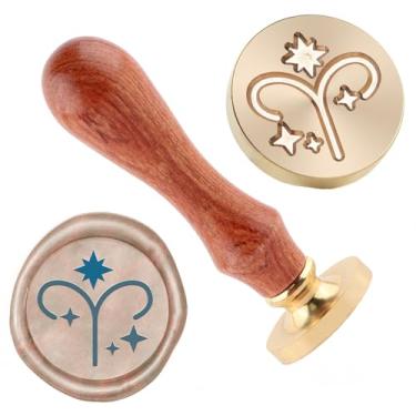 Imagem de Carimbo de lacre de cera de Áries Carimbos de lacre de latão removível com alça de madeira para envelopes, álbum de fotos, decoração de cartão postal, convites de festa de casamento, embalagem de