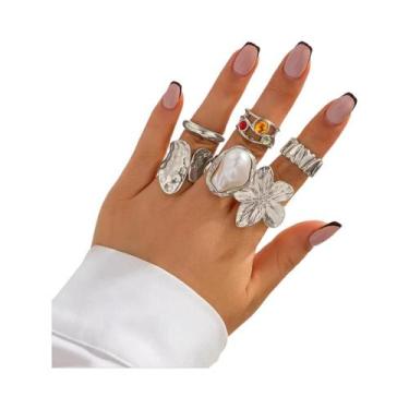 Imagem de Anel Aberto Elegante Feminino Com Imitação De Pérola E Flor De Metal I