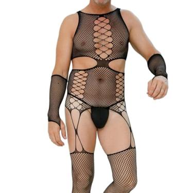 Imagem de Eagerlove Body masculino sexy arrastão malha bodystocking lingerie transparente macacão elástico para noite presente para encontros noturnos, Estilo preto - 7, Tamanho Único
