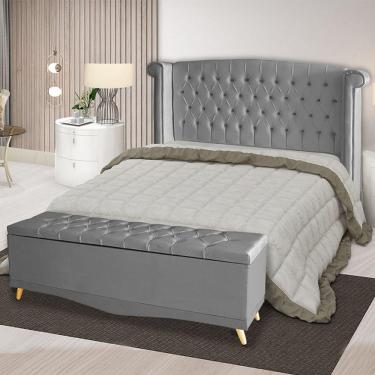 Imagem de Kit Cabeceira De Cama Box E Calçadeira Baú Malibu Casal 140 Cm Suede Prata Eli Móveis