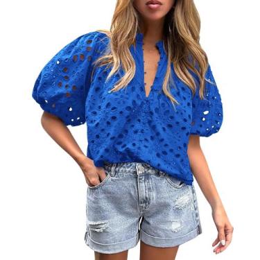 Imagem de Blusa PRETTYGARDEN Azul com Renda, Decote V, Botões e Vazados, Tamanho