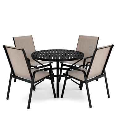 Imagem de Mesa 4 Cadeiras Ripado Piscina Alumínio Preto E Tela Mocca