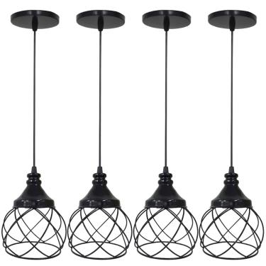 Imagem de 4 Pendentes Aramado Redondo Preto Lustre Luminária Teto Regulável Sala Cozinha Industrial Agp