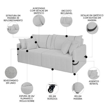 Imagem de Sofá Cama Retrátil 220cm Essence D05 Linho Cinza/preto - Mpozenato