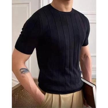Imagem de Camiseta Masculina Básica Canelada Manga Curta Tricot Modal Cor:PretoT