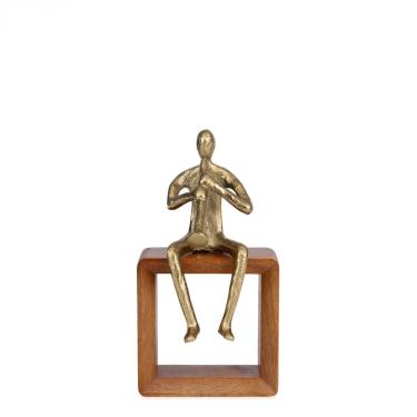 Imagem de Escultura Decorativa Flautista em Madeira e Metal Dourado 25cm 22210 Mart