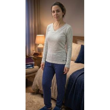 Imagem de Pijama longo any any ribi cinza claro com calça azul poá tamanho:g, G