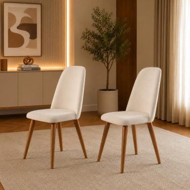 Imagem de Kit de 2 Cadeiras de Madeira Maciça Estofada New Drop - Natural c/ Linho Off White - Cobre