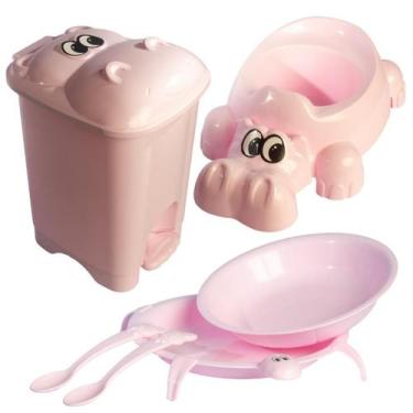 Imagem de Kit Infantil Pratinho Tartaruga + Troninho Hipopótamo + Lixeira Hipopó