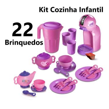 Imagem de Kit Cozinha Infantil Cafézinho com 22 Brinquedos Cafeteira com Capsula, Bule, açucareiro, Xícara, Pires, Colher e Pratos