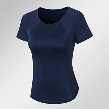 Imagem de Camiseta feminina de malhação malha de emenda de secagem rápida stretch fino gola O mangas curtas tops de ioga camisas atléticas(X-Large)(Azul escuro)