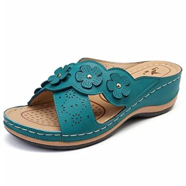 Imagem de Sandálias florais femininas sapatos chinelos moda feminina casual wedges ao ar livre feminino chinelos femininos P tamanho 8, Azul, 8.5