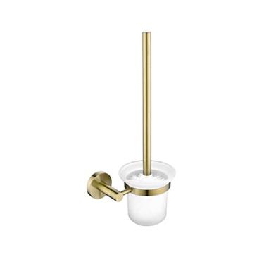 Imagem de Conjunto de ferragens de banheiro redondo em ouro escovado anel de toalha de metal cinza gancho de roupão gancho de escova de toalete suporte de papel de banheiro acessórios de banheiro, escova de toalete dourada