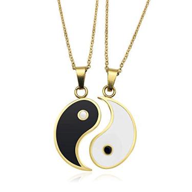 Imagem de JUXINDA Colar Yin e Yang, joia de pingente de quebra-cabeça banhada a ouro de aço inoxidável gravado personalizado, adequado para casais colares com correntes ajustáveis, 2PCS, Metal
