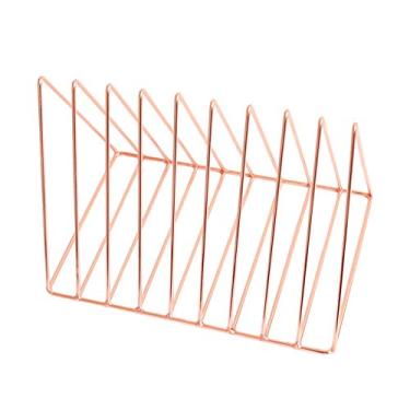 Imagem de KIZQYN Estante de metal de mesa, rack de armazenamento simples de forma triangular, adequado para estante de armazenamento de revistas/livros (cor: cinza)