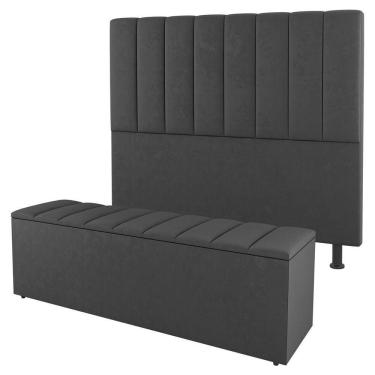 Imagem de Cabeceira E Baú Cama Box King Cora 195cm Suede Cinza Escuro