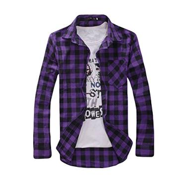 Imagem de Bestgift Camisa xadrez masculina de manga comprida com mistura de algodão, Roxa, XL
