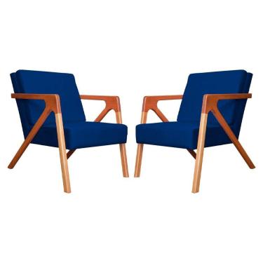 Imagem de Conjunto 2 Poltronas Monalisa Com Braços de Madeira Suede Azul Marinho - LM DECOR