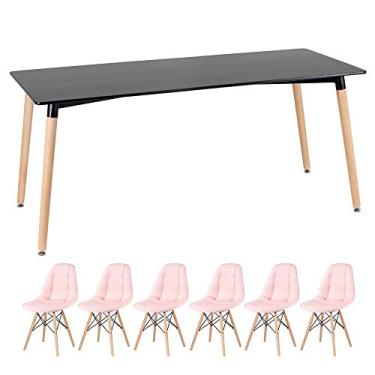 Imagem de Loft7, Kit Mesa retangular Eames 80 x 160 cm preto + 6 cadeiras Botonê Rosa claro