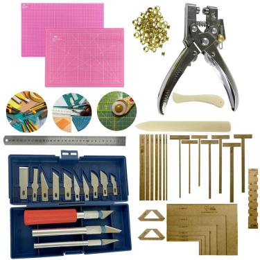 Imagem de Kit Base de Corte 60x45 Cartonagem Gabaritos Alicate Fura Prega Ilhos Jogo de Estilete Régua 60cm Dobradeira Vincador