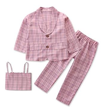Imagem de Conjunto de presente de bebê menina criança criança bebê meninas camiseta xadrez patchwork terno jaqueta calça infantil outono (B, 5-6 anos)