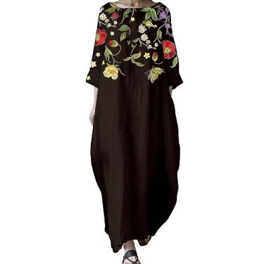 Imagem de UIFLQXX Vestido feminino plus size verão vintage estampa floral vestido longo gola redonda manga 3/4 casual vestido solto, Café, P