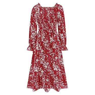 Imagem de Maxi Saias femininas com gola em U, manga comprida, estampa floral, vestido solto, vestido de renda, vestido evasê, Vermelho, G