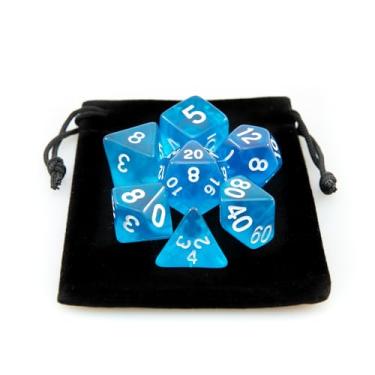 Imagem de Kit 7 Dados RPG de Mesa Translucido Acrilico Conjunto D4 D6 D8 D10 D10% D12 D20 Cor AZUL + 1 Dice Bag