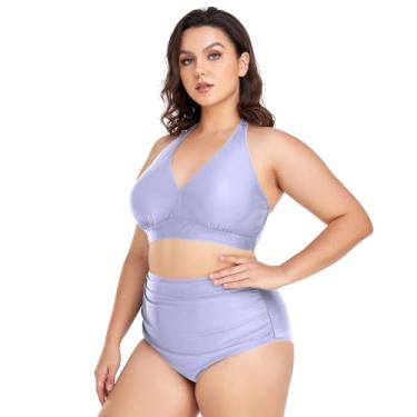 Imagem de Biquíni feminino plus size, cintura alta, 2 peças, frente única, franzido com parte inferior, Azul lavanda, GG Plus Size