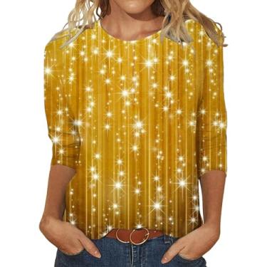 Imagem de Camisetas femininas de manga 3/4, gola redonda, lantejoulas, elegantes, casuais, soltas, camisetas estampadas, Dourado, 4G