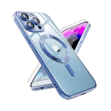 Imagem de SUCGLES Capa magnética transparente para iPhone 14 Pro Max, com proteção total da câmera + protetor de tela de vidro compatível com MagSafe, capa fina fina à prova de choque para Apple 14 Promax de 6,7 polegadas (azul claro)