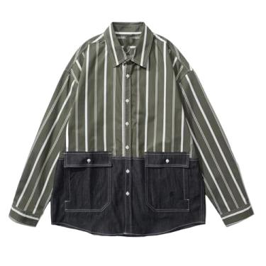 Imagem de Camisa jeans masculina de manga comprida com estampa listrada combinando com cores, Verde militar, M