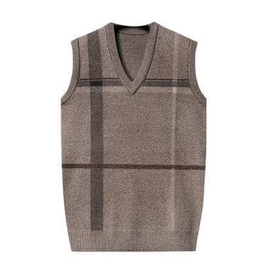 Imagem de Suéter masculino com estampa xadrez e gola V, suéter leve, Cáqui, 3G